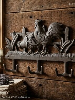 Vintage Cast Iron Rooster Wall Hook Rack 13”x9” Farmhouse Coat Hanger Heavy